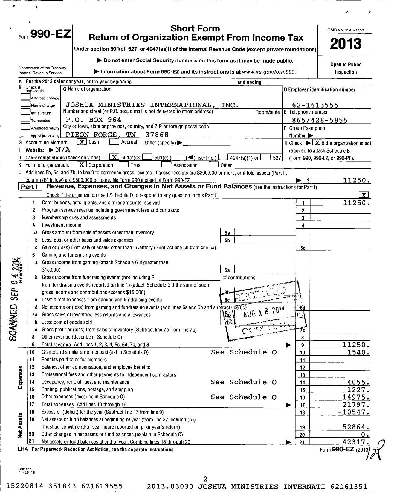 Image of first page of 2013 Form 990EZ for Joshua Ministries International