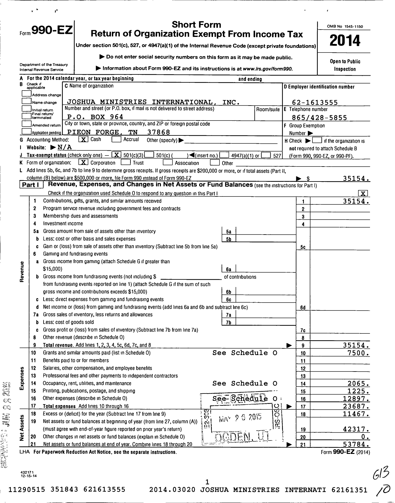 Image of first page of 2014 Form 990EZ for Joshua Ministries International