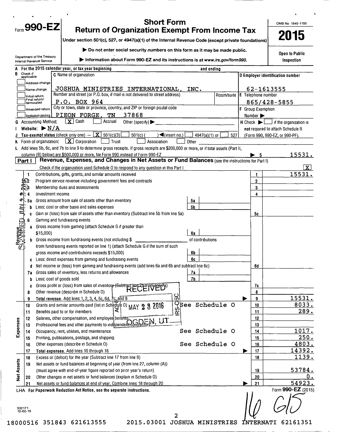 Image of first page of 2015 Form 990EZ for Joshua Ministries International