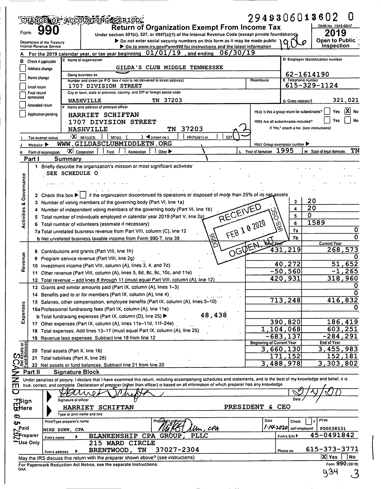 Image of first page of 2018 Form 990 for Gilda's Club Middle Tennessee