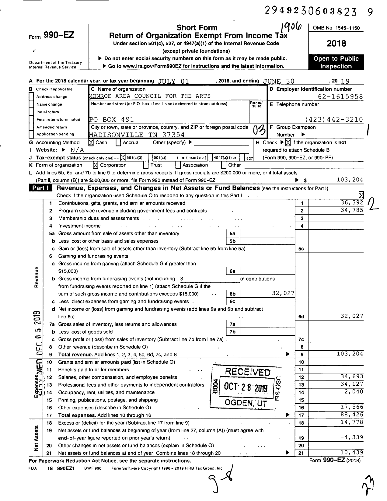 Image of first page of 2018 Form 990EZ for Monroe Area Council for the Arts