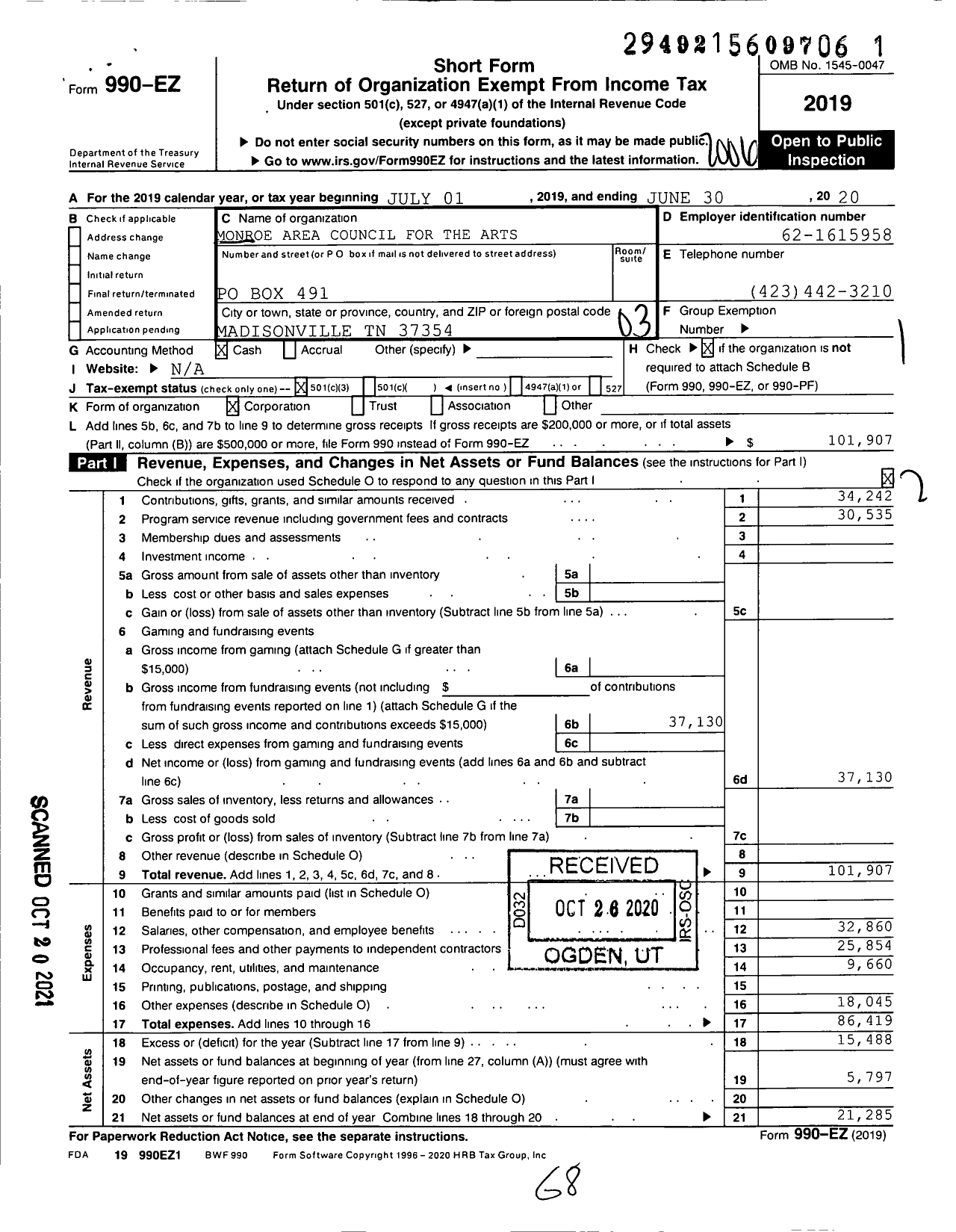 Image of first page of 2019 Form 990EZ for Monroe Area Council for the Arts