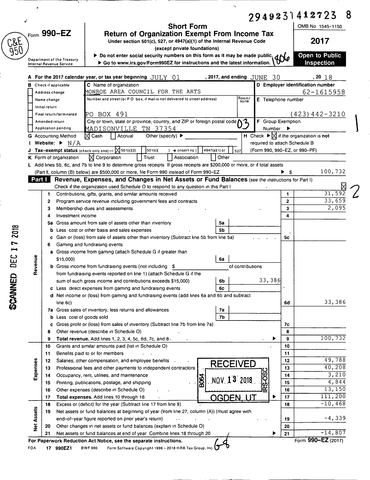 Image of first page of 2017 Form 990EZ for Monroe Area Council for the Arts