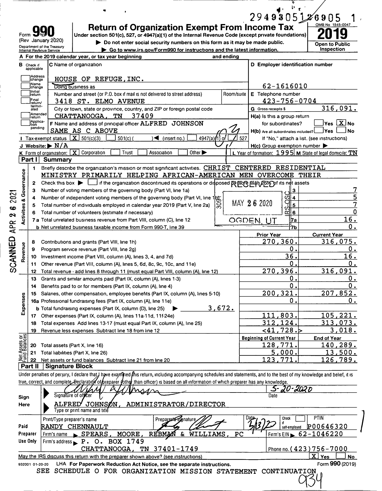 Image of first page of 2019 Form 990 for House of Refuge