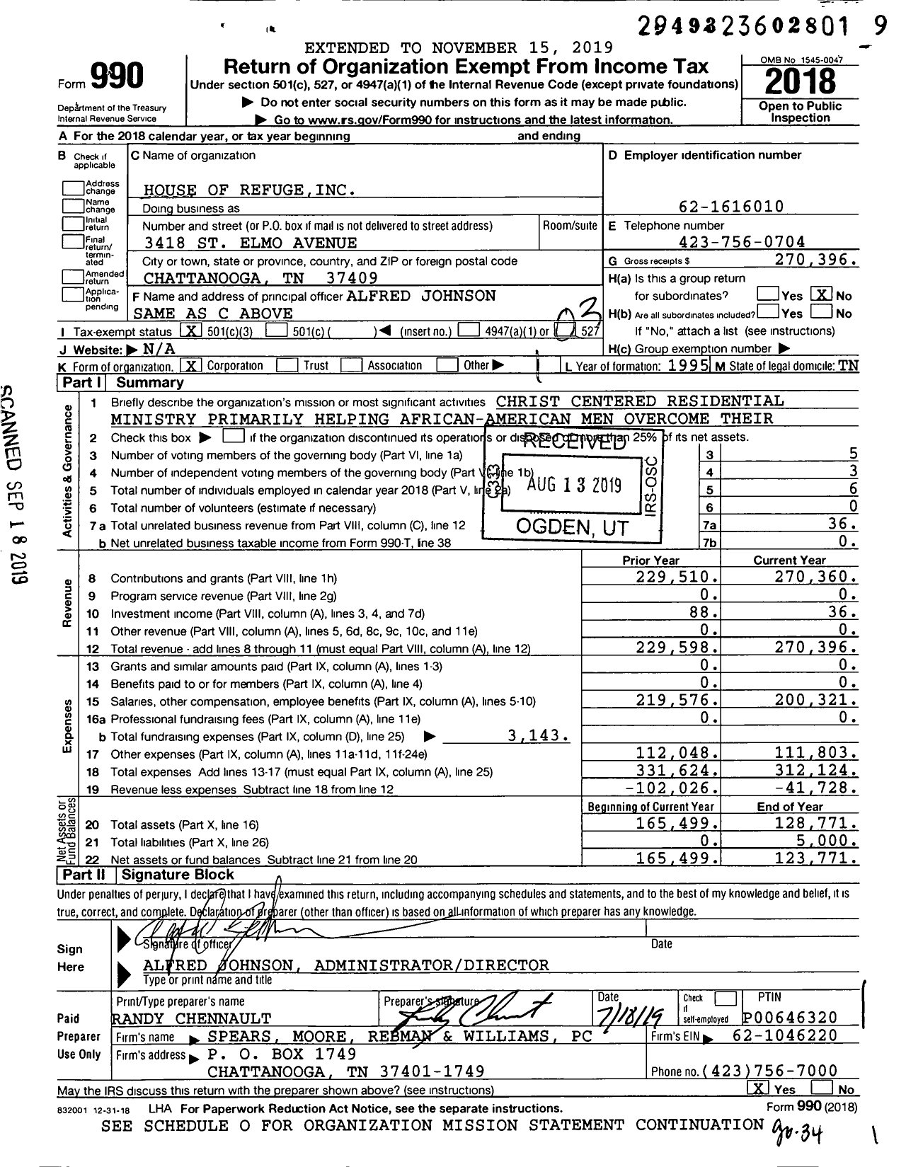 Image of first page of 2018 Form 990 for House of Refuge