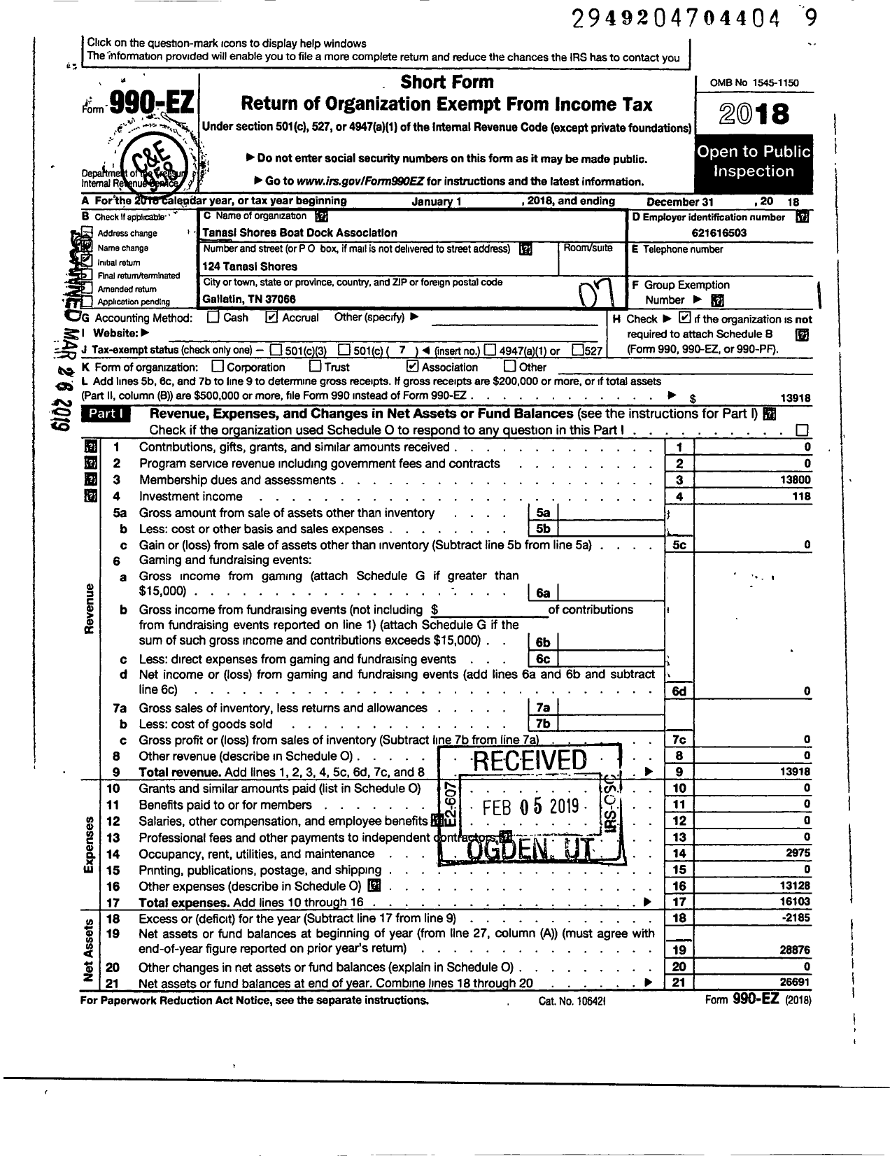 Image of first page of 2018 Form 990EO for Tanasi Shores Boat Dock Association