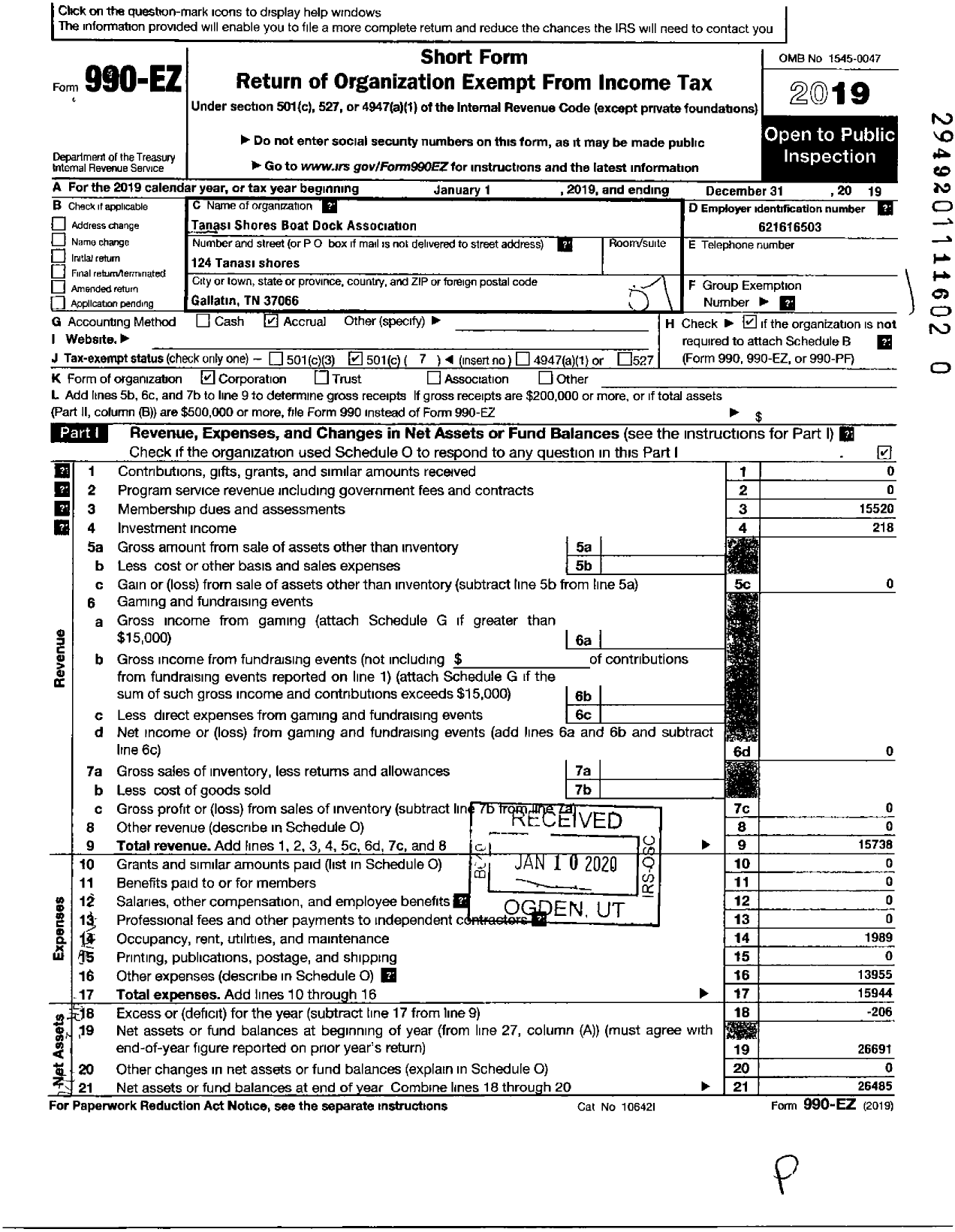 Image of first page of 2019 Form 990EO for Tanasi Shores Boat Dock Association