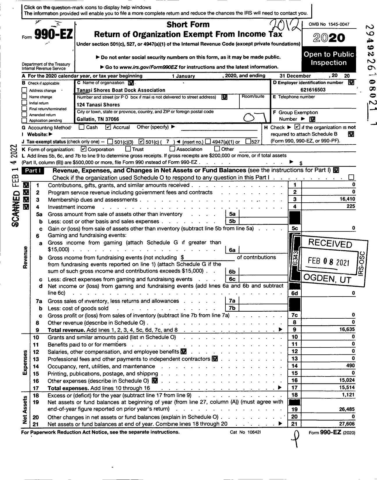 Image of first page of 2020 Form 990EO for Tanasi Shores Boat Dock Association