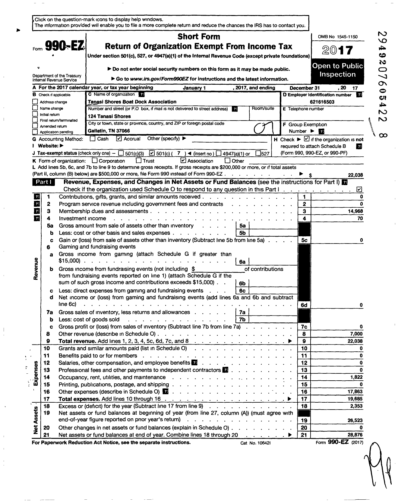 Image of first page of 2017 Form 990EO for Tanasi Shores Boat Dock Association