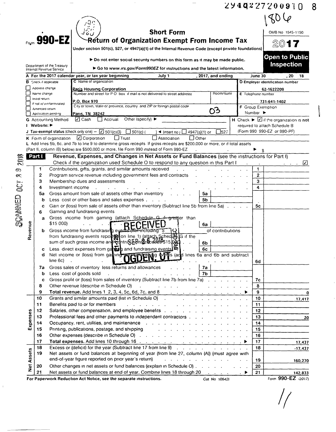 Image of first page of 2017 Form 990EZ for Paris Housing Corporation