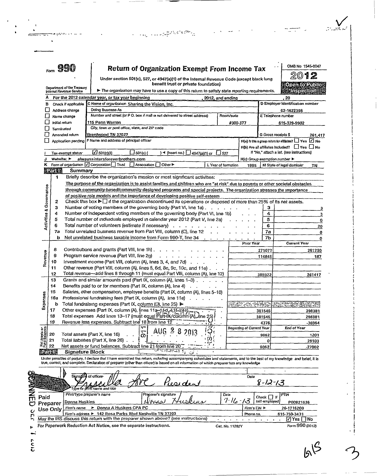 Image of first page of 2012 Form 990 for Sharing the Vision