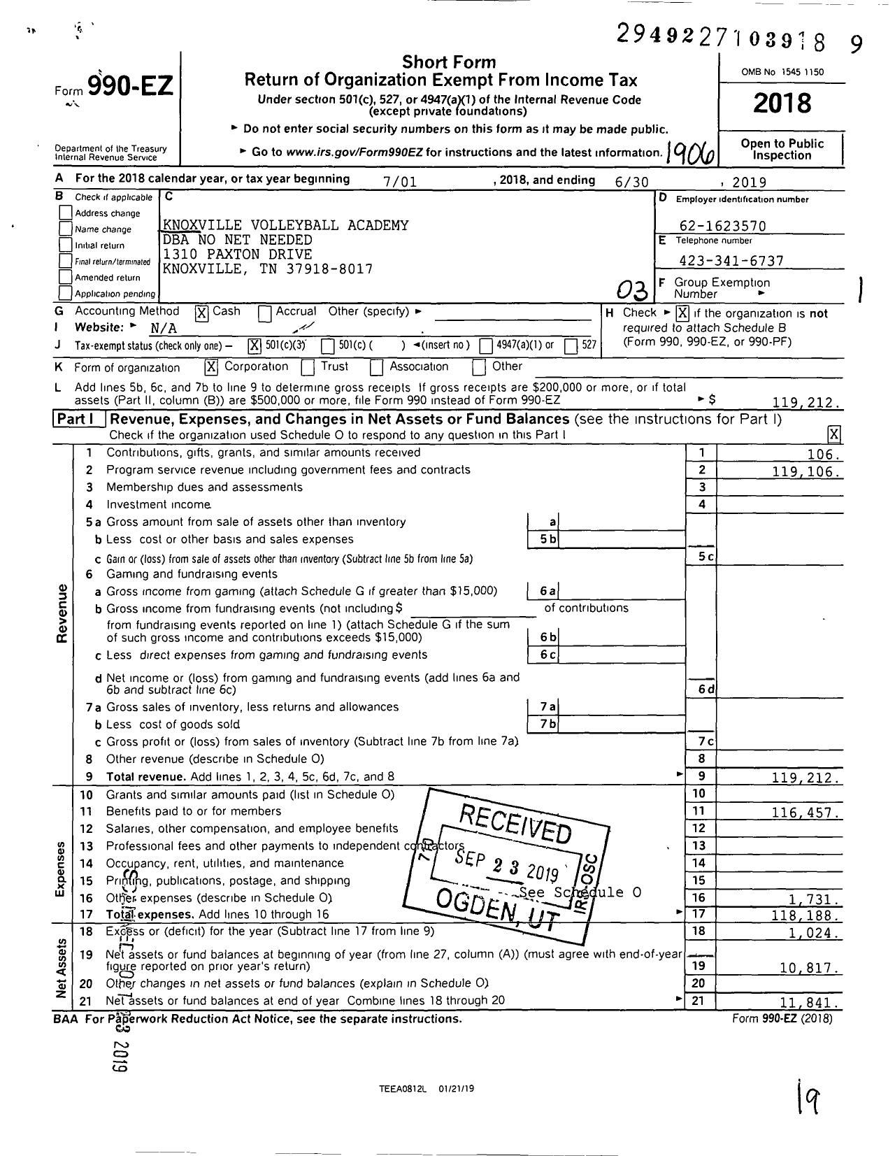 Image of first page of 2018 Form 990EZ for No Net Needed
