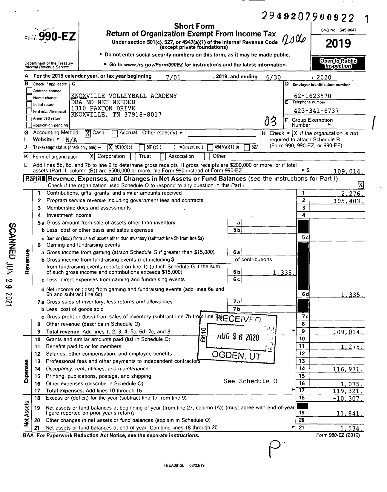 Image of first page of 2019 Form 990EZ for No Net Needed