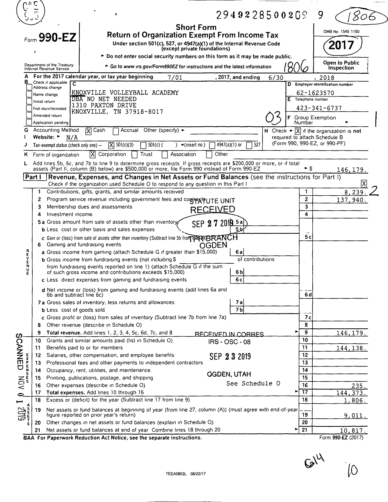 Image of first page of 2017 Form 990EZ for No Net Needed
