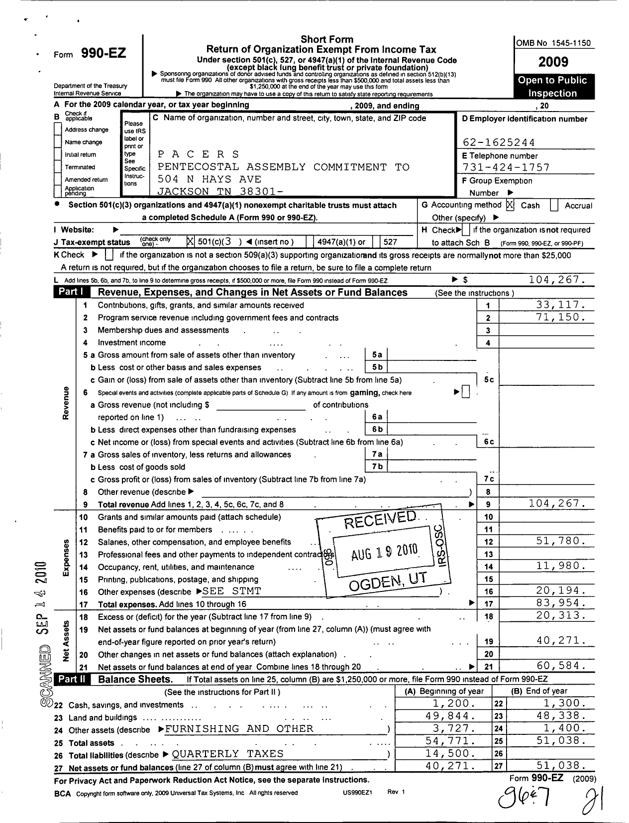 Image of first page of 2009 Form 990EZ for Pentecostal Assemblys Commitment To Empowerment Restoration and SRV