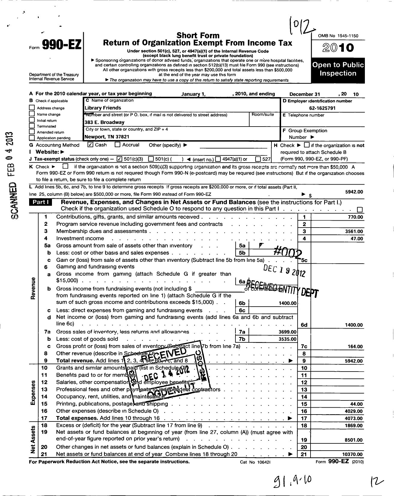 Image of first page of 2010 Form 990EZ for Library Friends