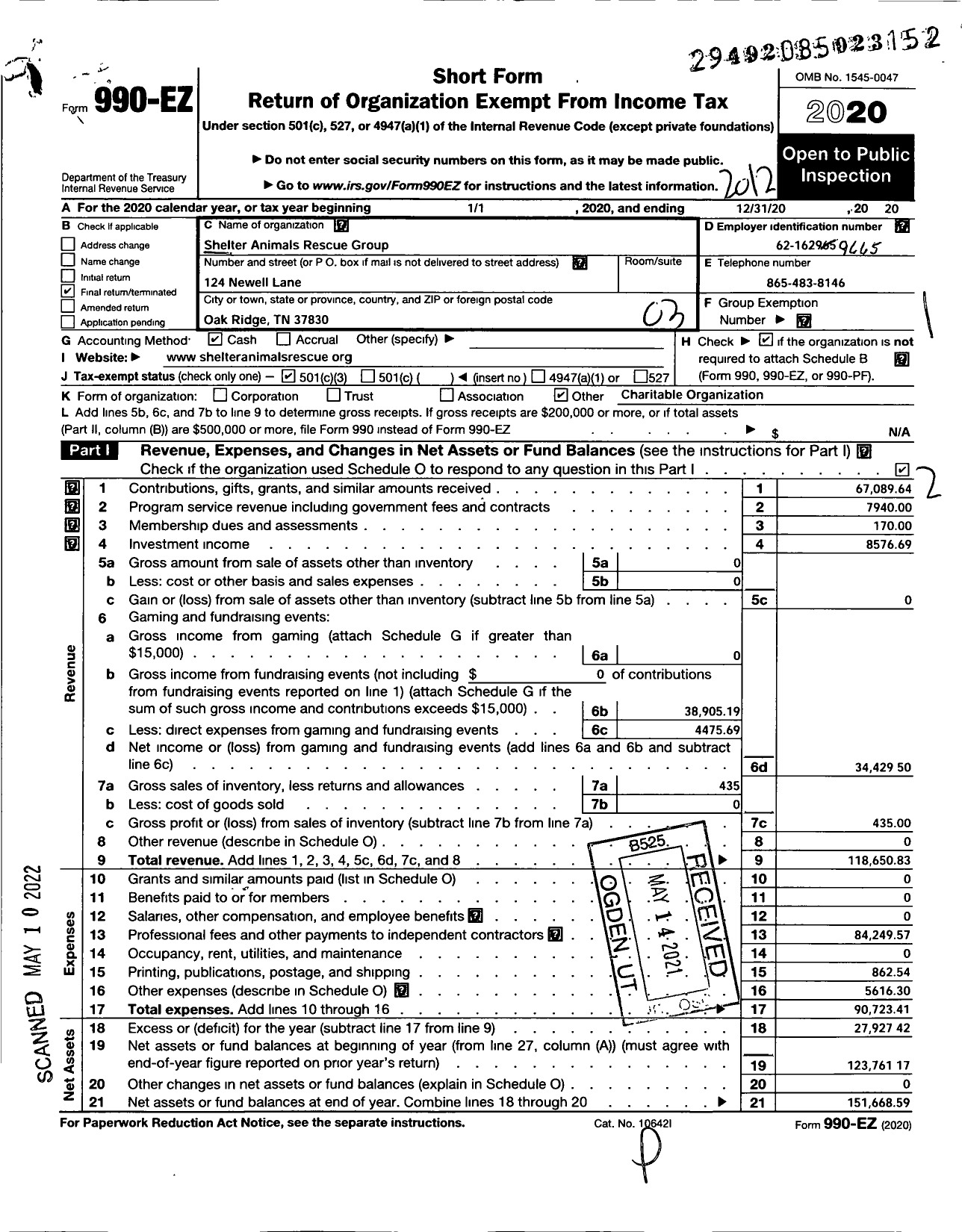 Image of first page of 2020 Form 990EZ for Sarg Shelter Animals Rescue Group