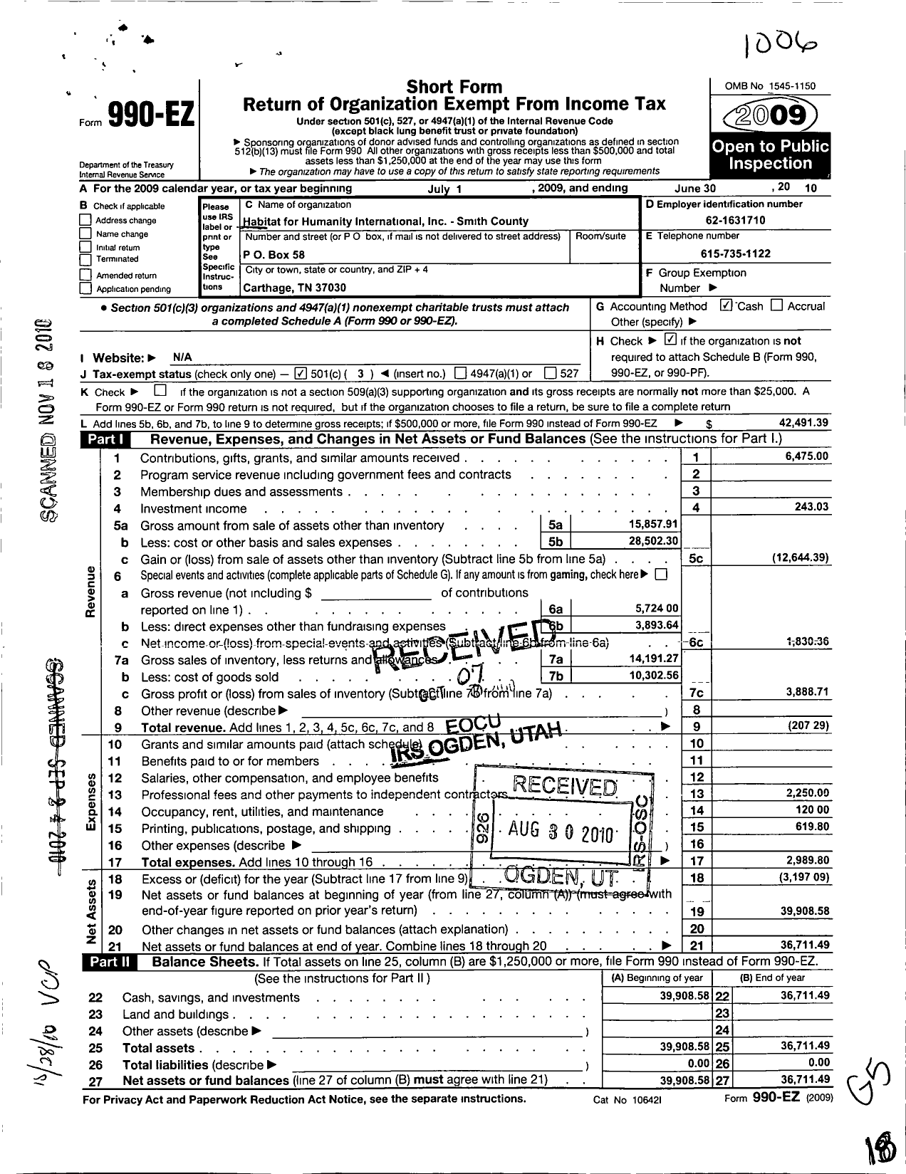 Image of first page of 2009 Form 990EZ for Habitat for Humanity - Smith County