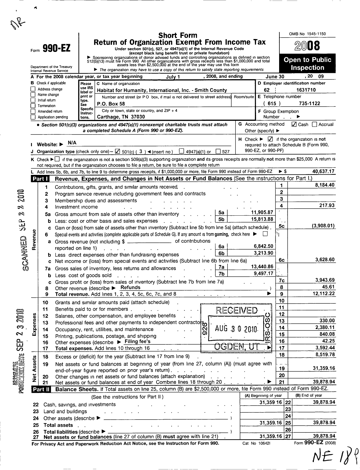 Image of first page of 2008 Form 990EZ for Habitat for Humanity - Smith County