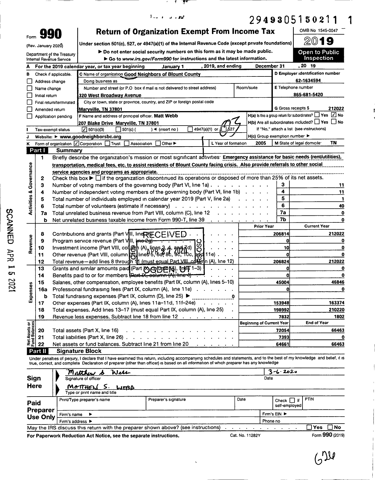 Image of first page of 2019 Form 990 for Good Neighbors of Blount County