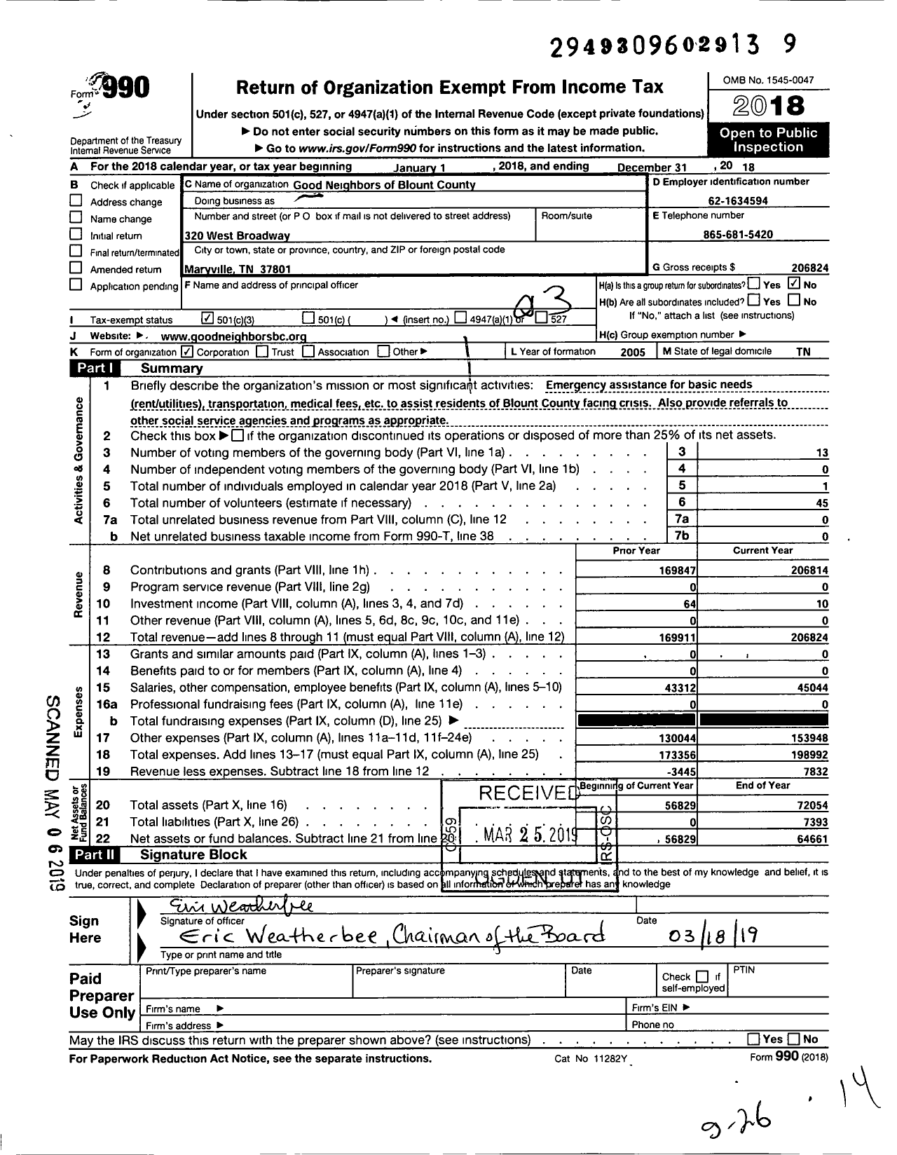 Image of first page of 2018 Form 990 for Good Neighbors of Blount County