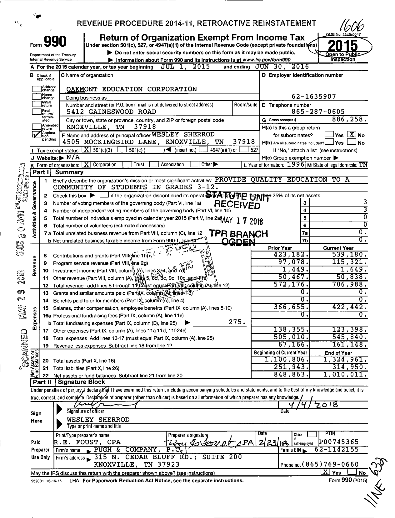 Image of first page of 2015 Form 990A for Oakmont Education Corporation