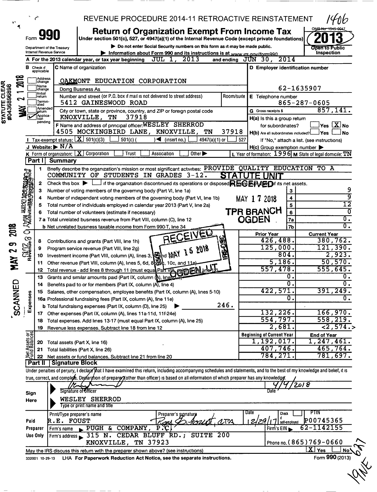 Image of first page of 2013 Form 990A for Oakmont Education Corporation