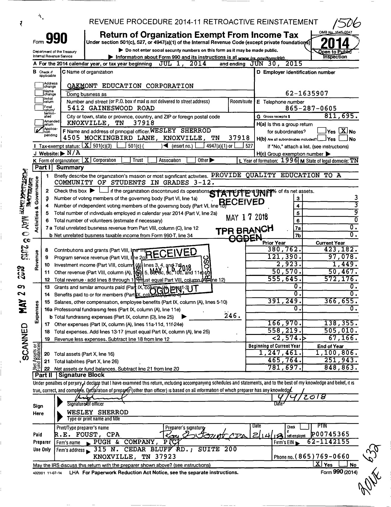 Image of first page of 2014 Form 990A for Oakmont Education Corporation