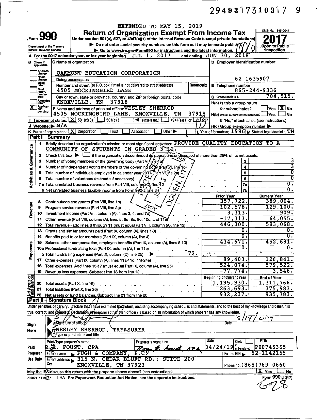 Image of first page of 2017 Form 990 for Oakmont Education Corporation