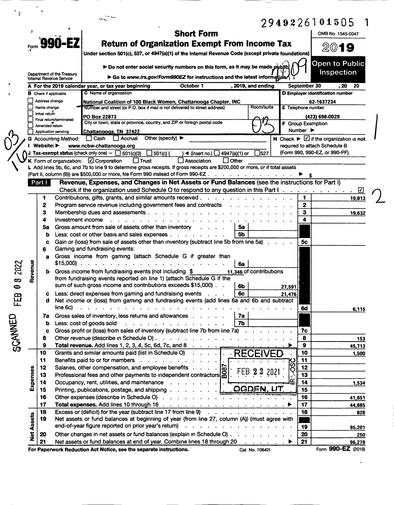 Image of first page of 2019 Form 990EZ for The National Coalition of 100 Black Women Chattanooga Chapter