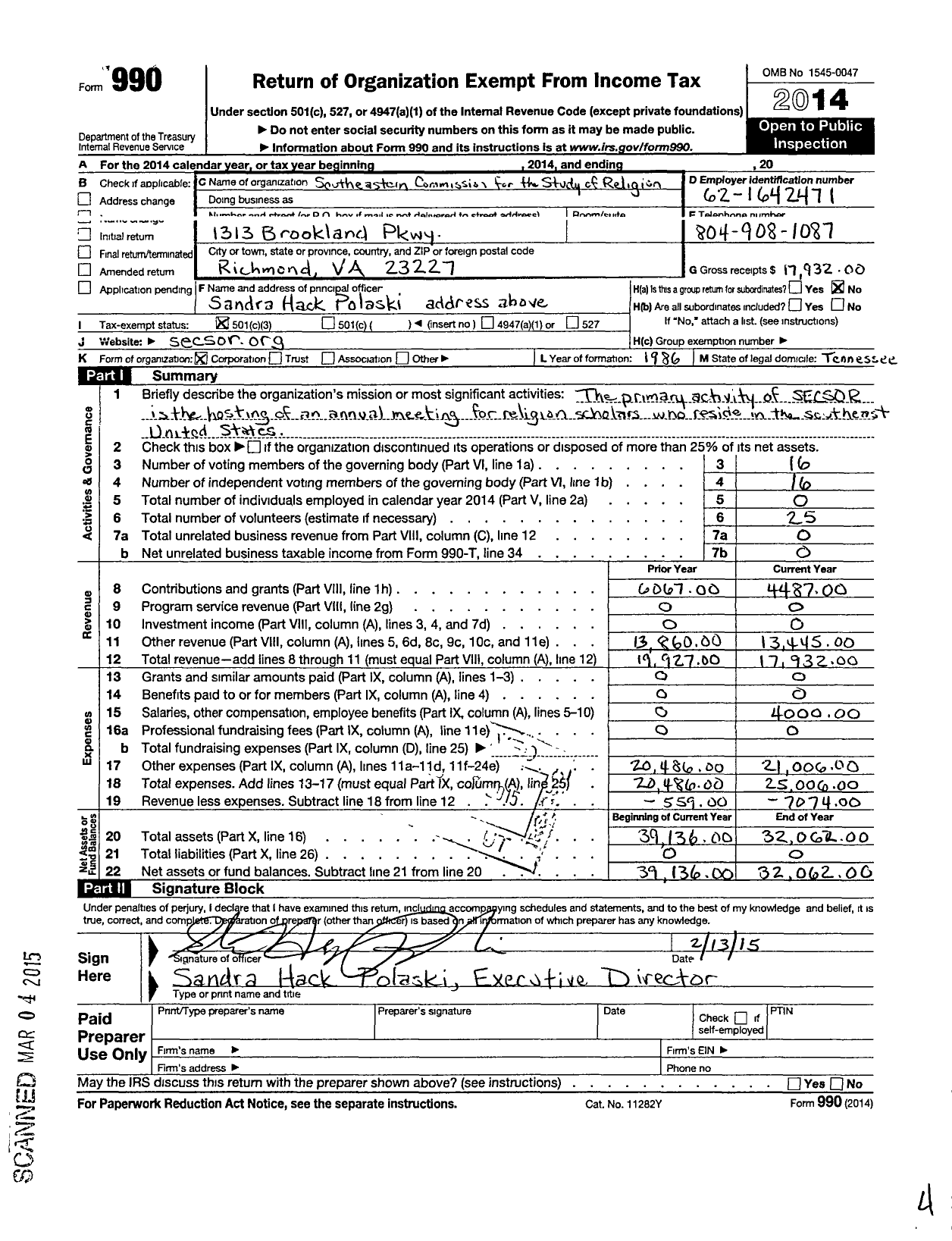 Image of first page of 2014 Form 990 for Southeastern Commission for the Study of Religion