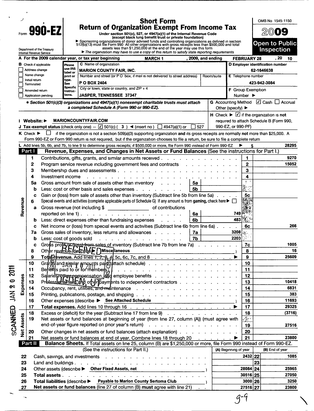 Image of first page of 2009 Form 990EZ for Marion County Fair