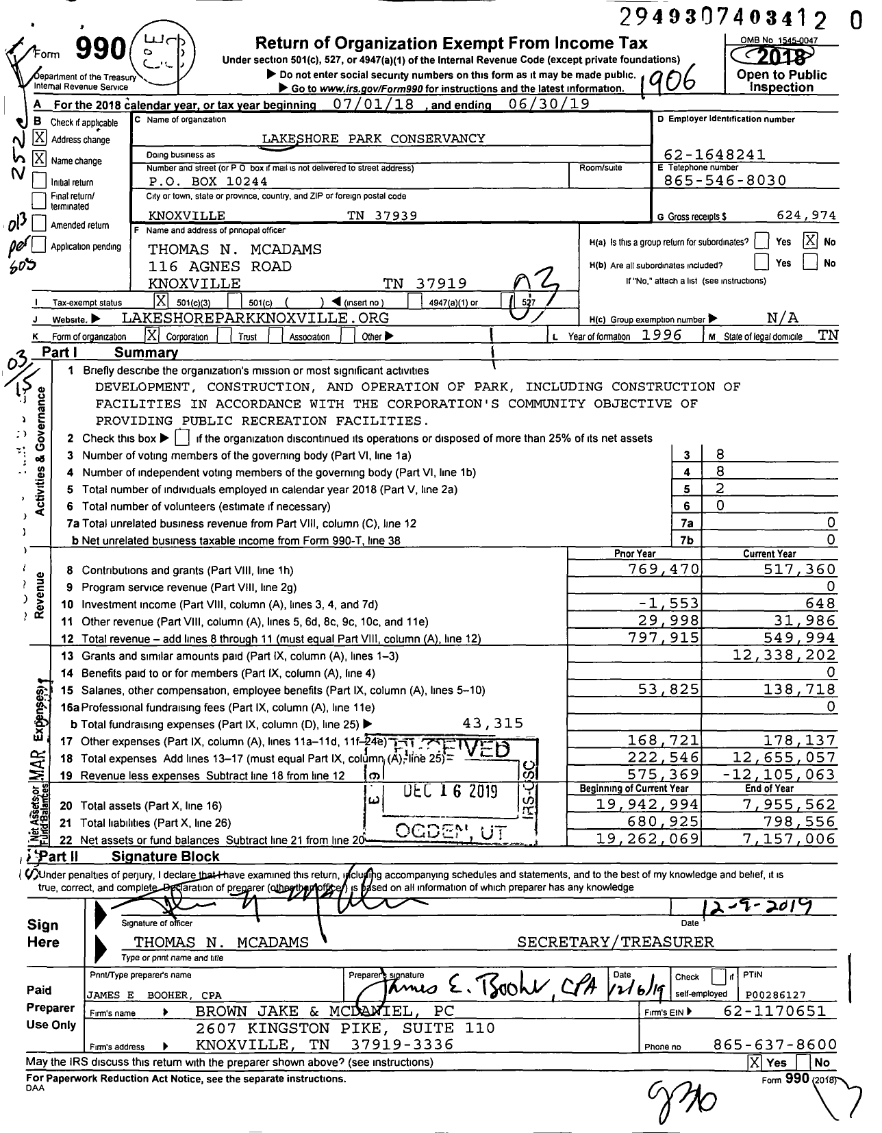 Image of first page of 2018 Form 990 for Lakeshore Park Conservancy