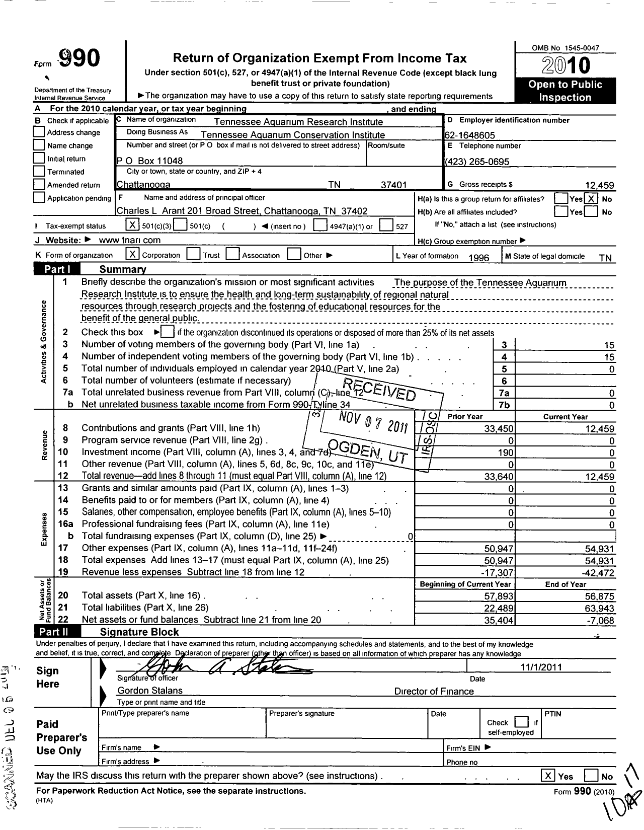 Image of first page of 2010 Form 990 for The Tennessee Aquarium Conservation Institute