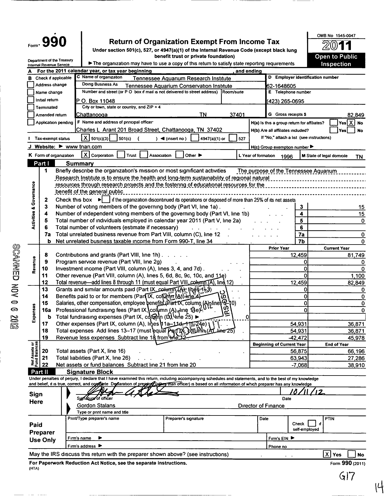 Image of first page of 2011 Form 990 for The Tennessee Aquarium Conservation Institute