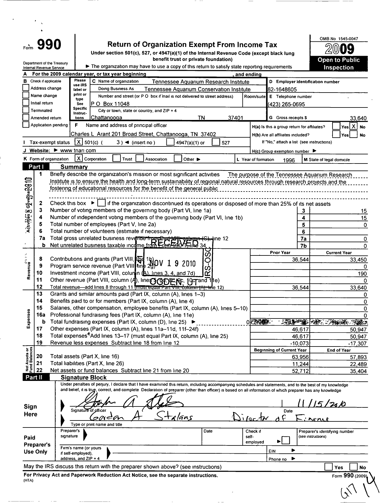 Image of first page of 2009 Form 990 for The Tennessee Aquarium Conservation Institute