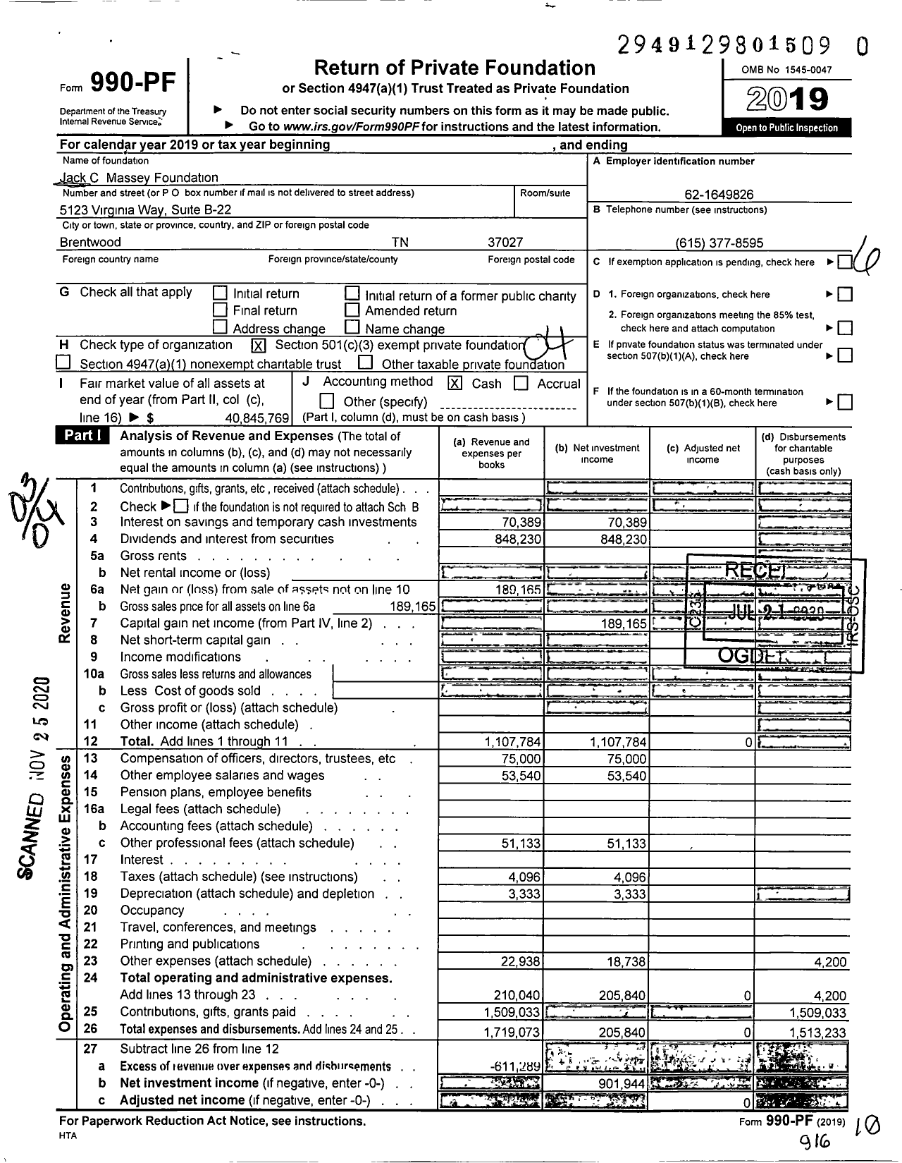 Image of first page of 2019 Form 990PF for Jack C Massey Foundation