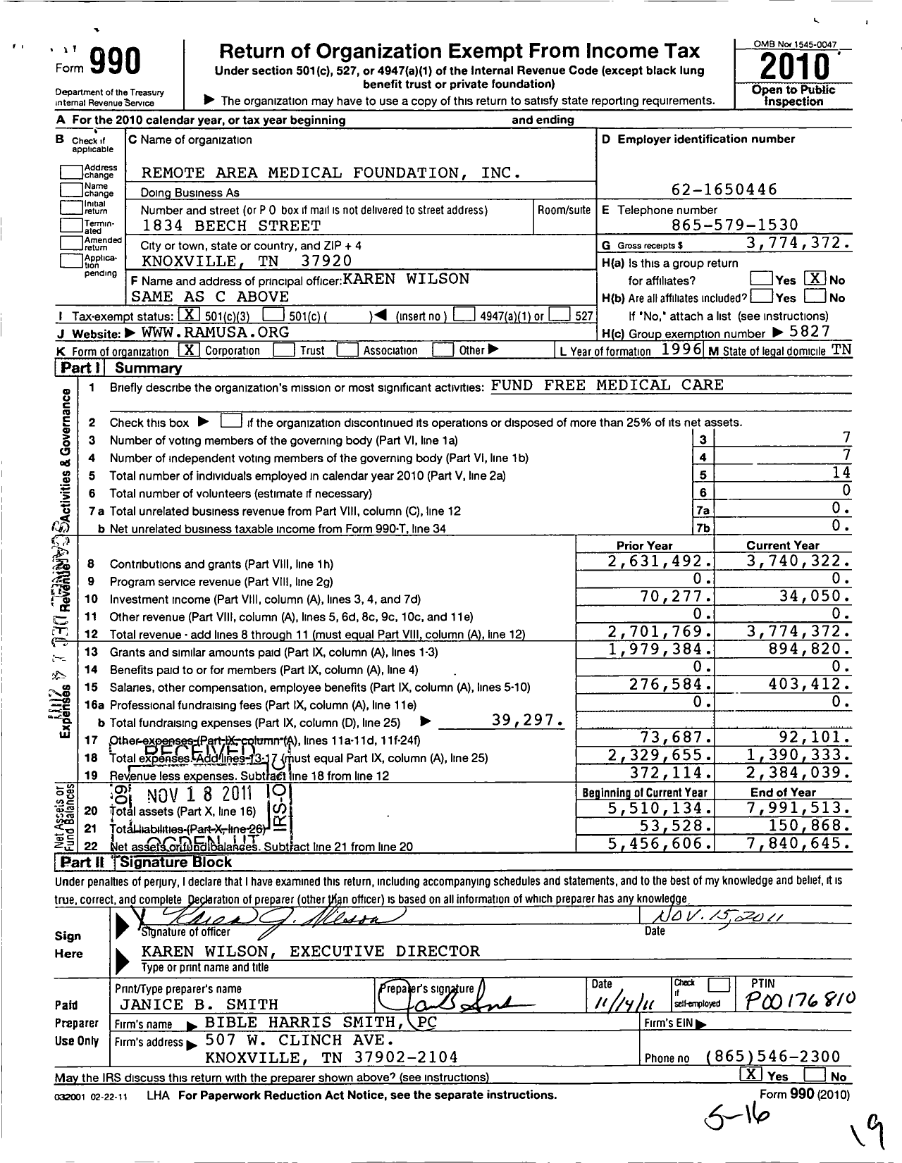 Image of first page of 2010 Form 990 for Remote Area Medical Foundation