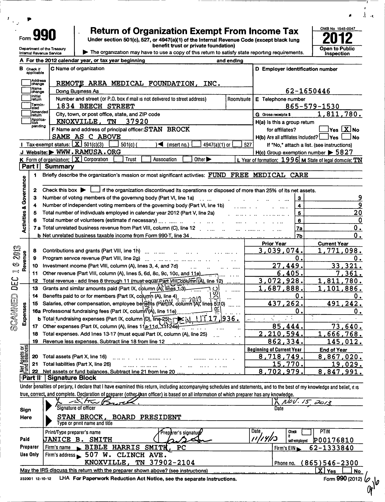 Image of first page of 2012 Form 990 for Remote Area Medical Foundation