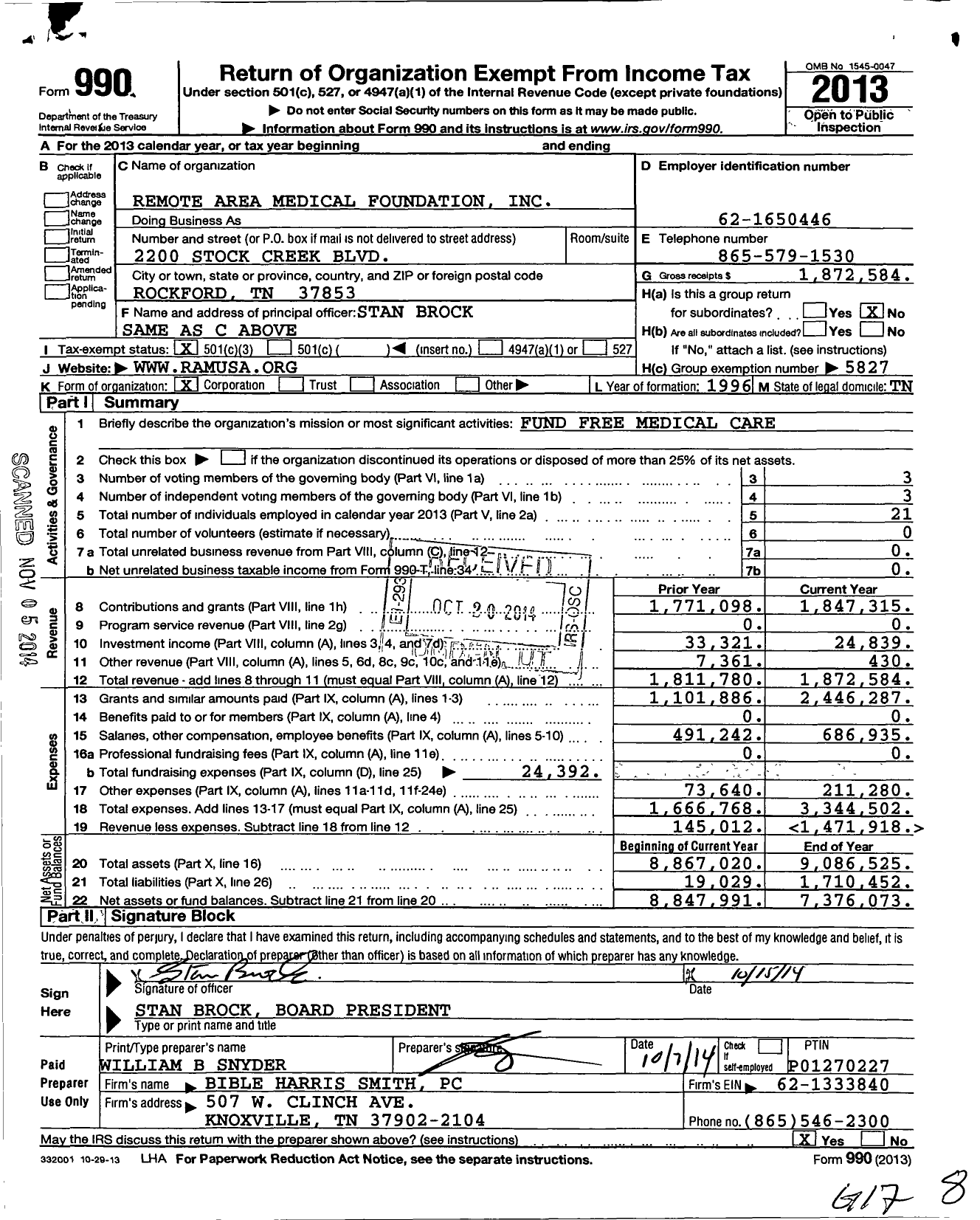 Image of first page of 2013 Form 990 for Remote Area Medical Foundation
