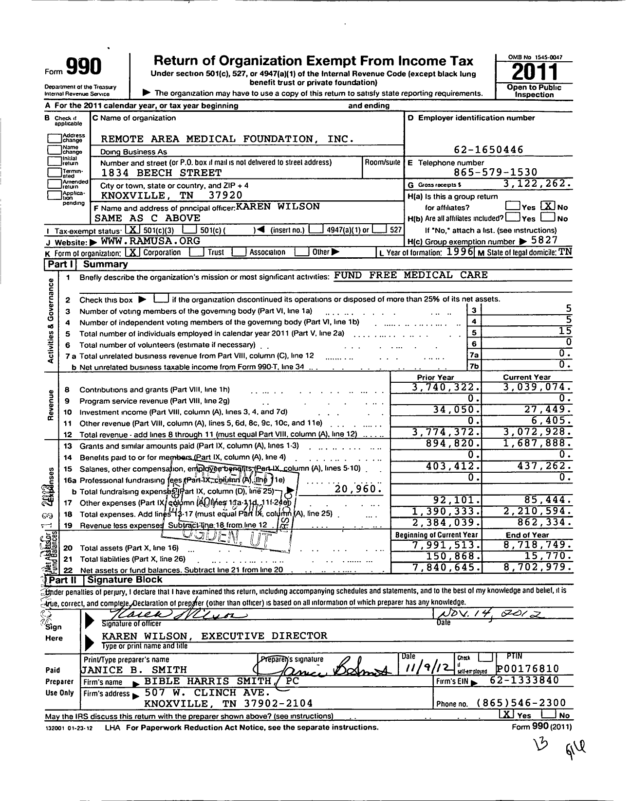 Image of first page of 2011 Form 990 for Remote Area Medical Foundation
