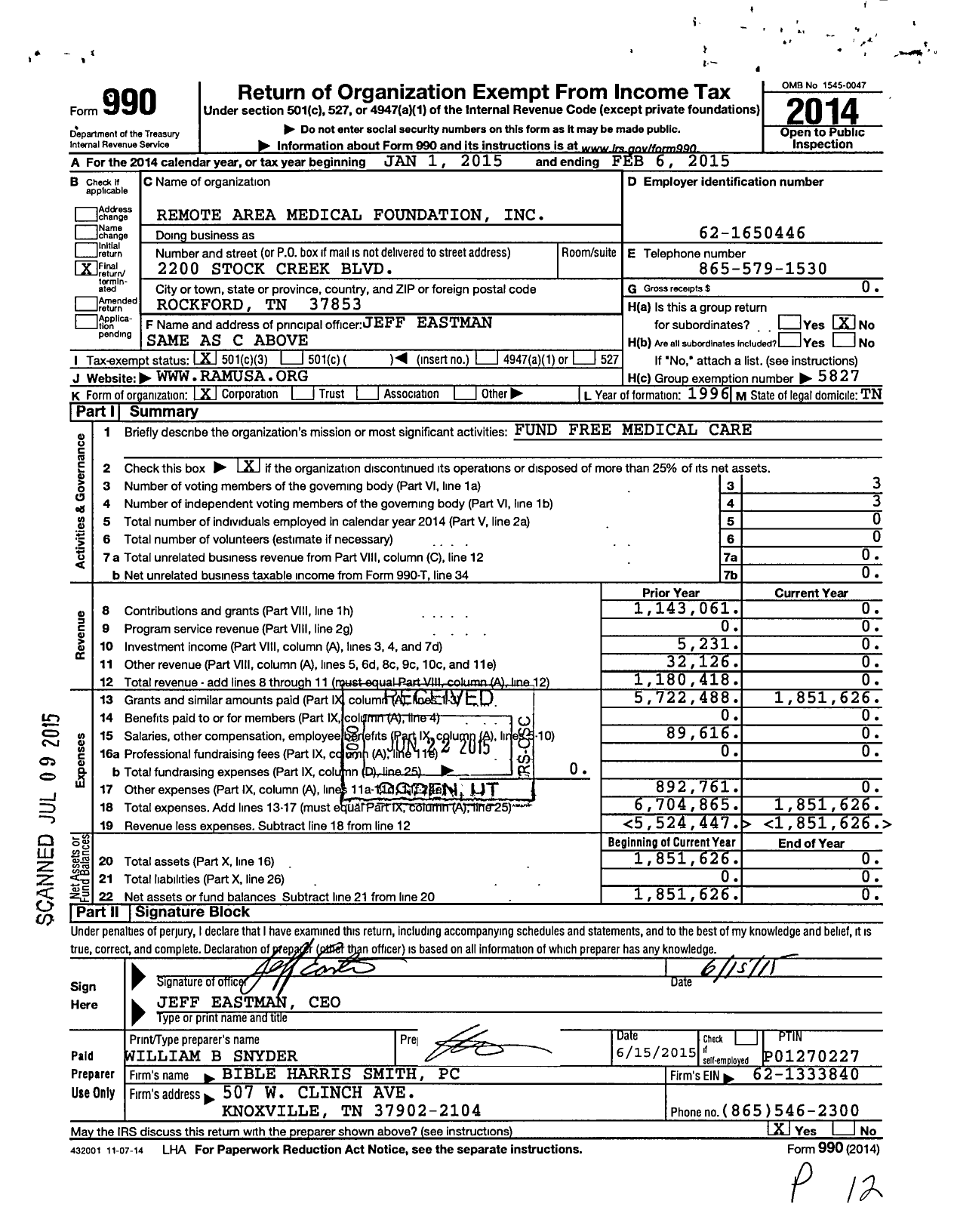 Image of first page of 2014 Form 990 for Remote Area Medical Foundation
