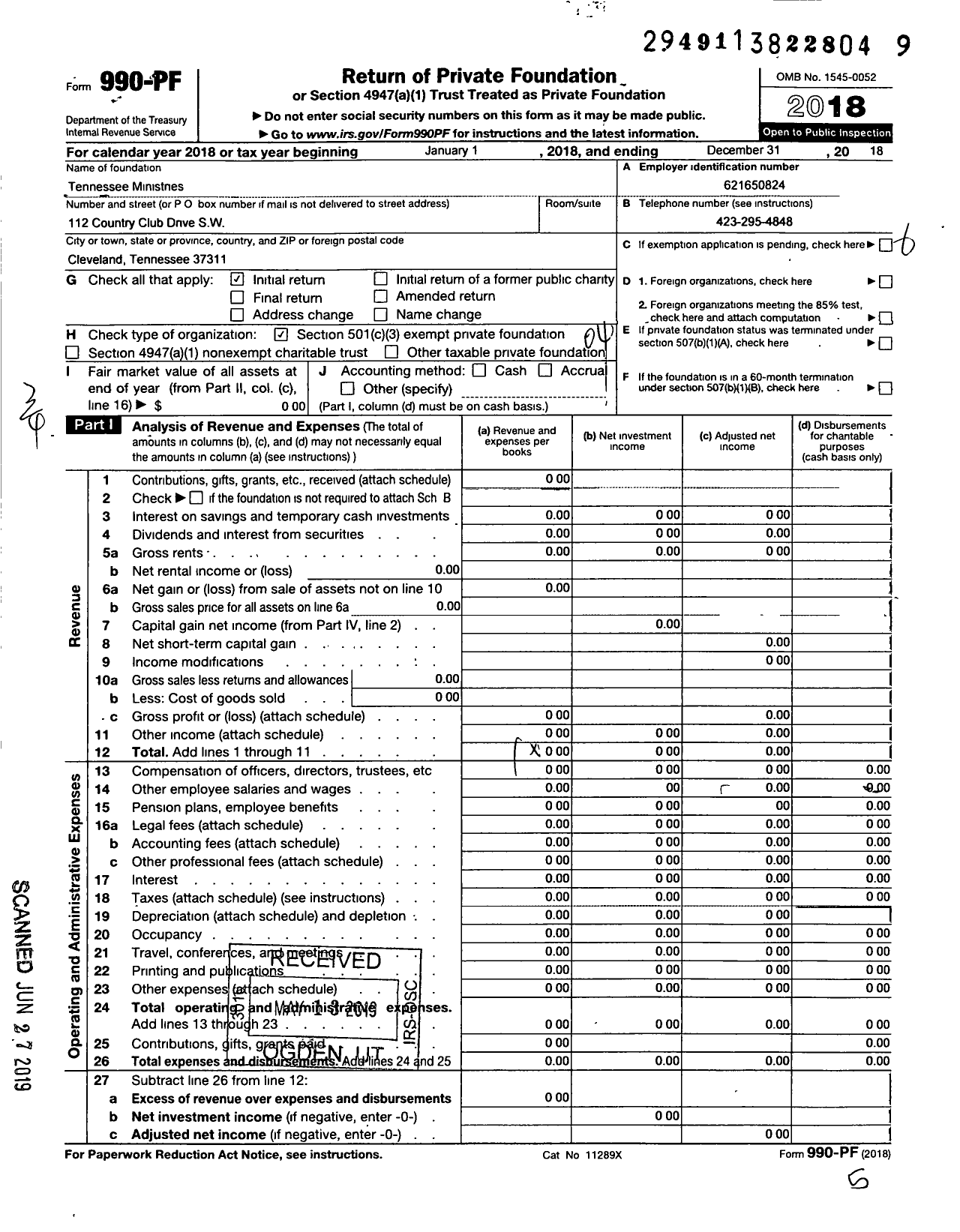 Image of first page of 2018 Form 990PF for Tennessee Ministries