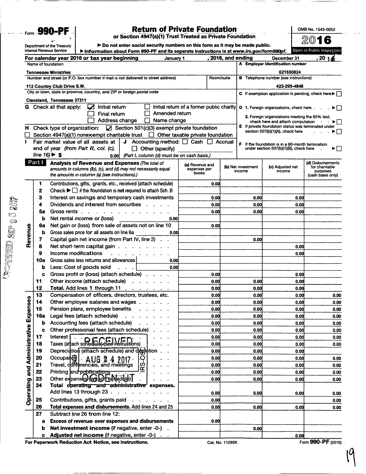 Image of first page of 2016 Form 990PF for Tennessee Ministries