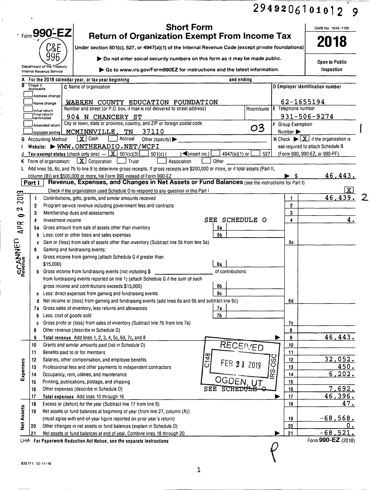 Image of first page of 2018 Form 990EZ for Warren County Educational Foundation