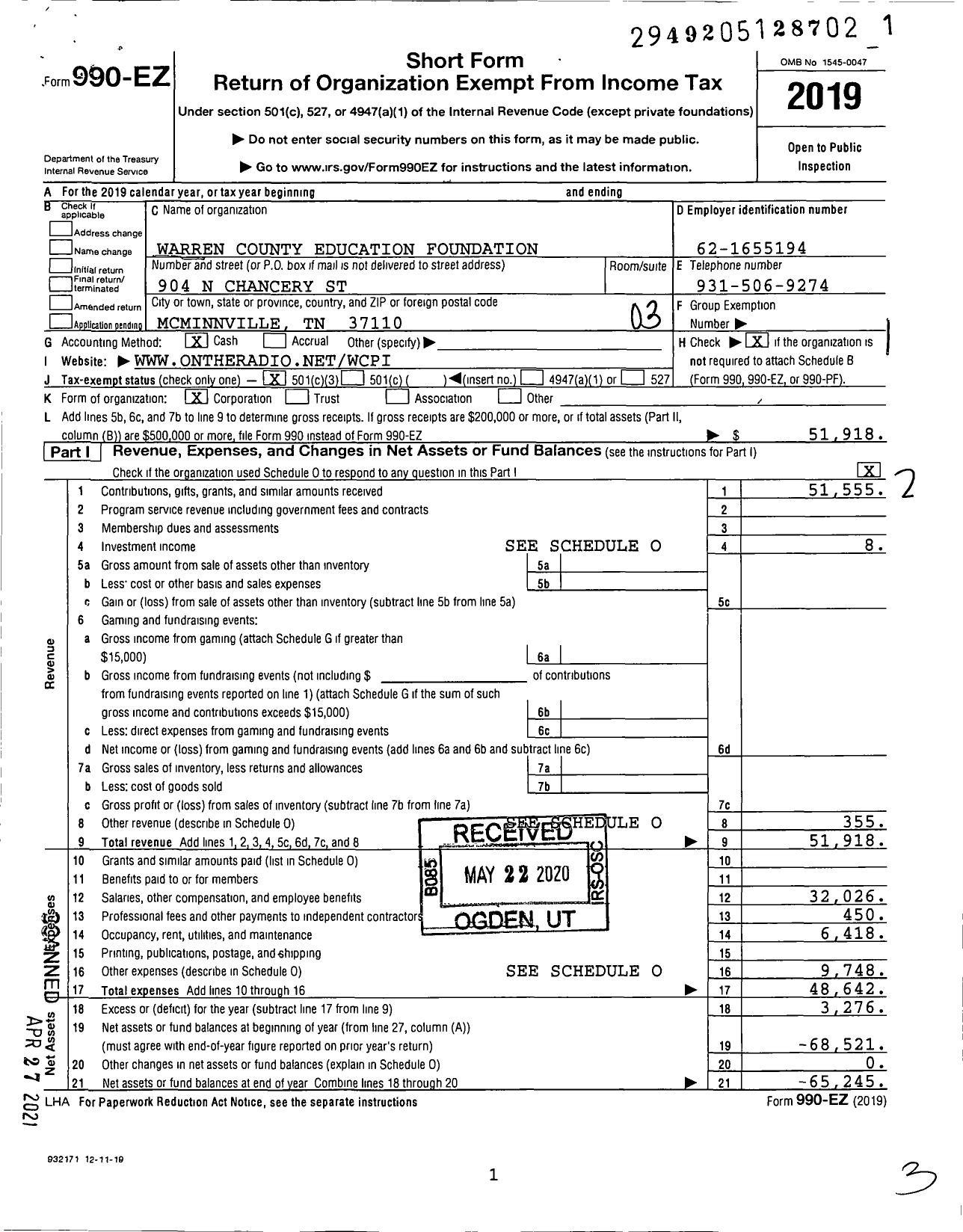 Image of first page of 2019 Form 990EZ for Warren County Educational Foundation