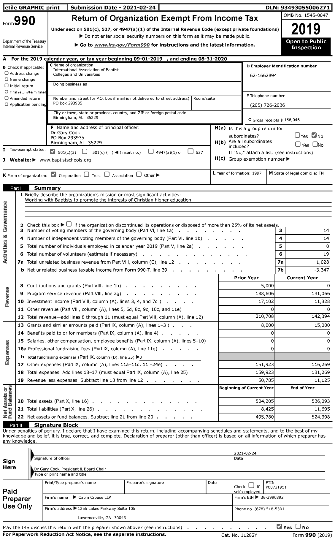 Image of first page of 2019 Form 990 for International Association of Baptist Colleges and Universities