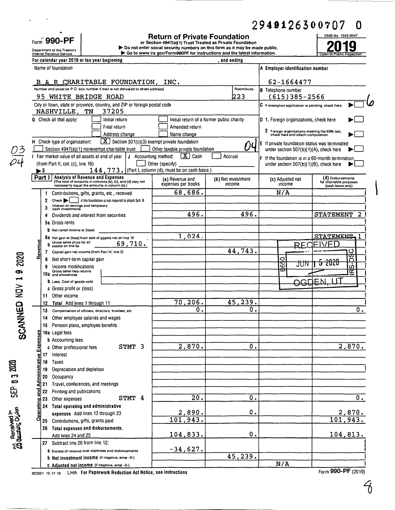 Image of first page of 2019 Form 990PF for B and R Charitable Foundation