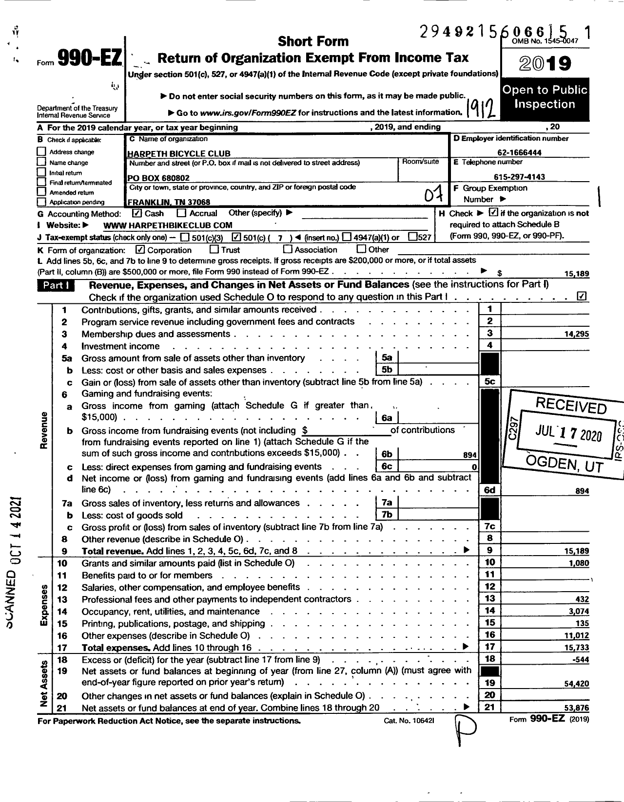 Image of first page of 2019 Form 990EO for Harpeth Bicycle Club