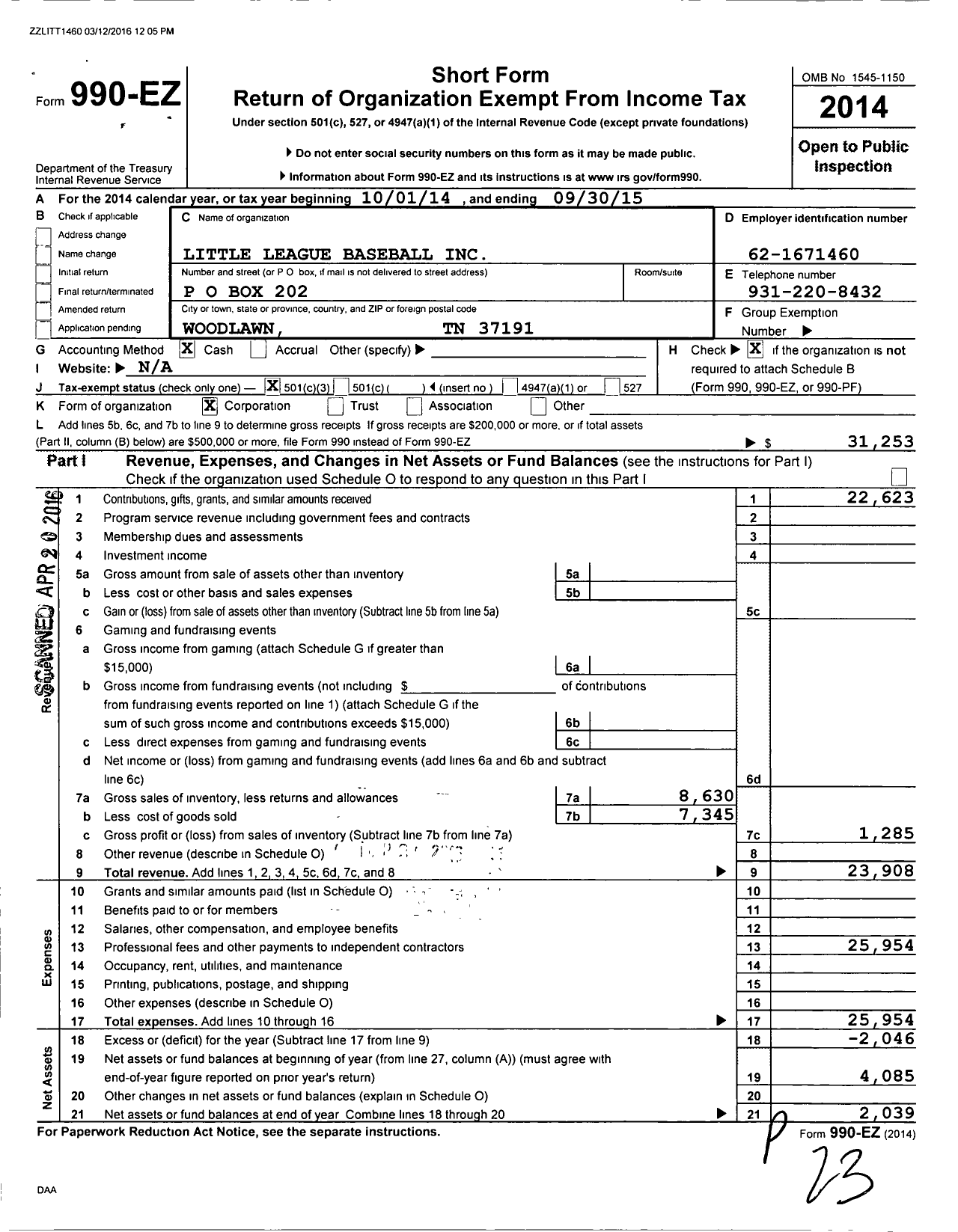 Image of first page of 2014 Form 990EZ for Little League Baseball - 3420905 Woodlawn LL